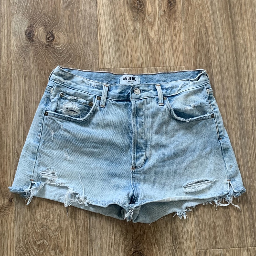 Agolde Women's 29 Blue Swapmeet Jaden High Rise Distressed Cut Off Shorts